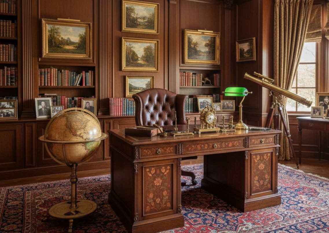 Antique home office with wooden desk and globe - Beautiful Homes