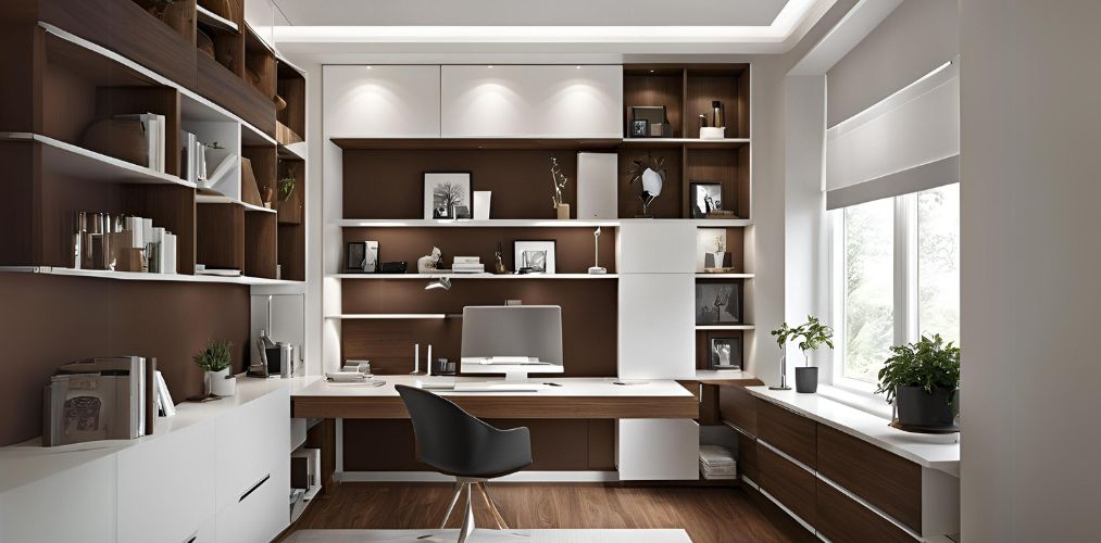 White and brown modern home office with wall shelves - Beautiful Homes