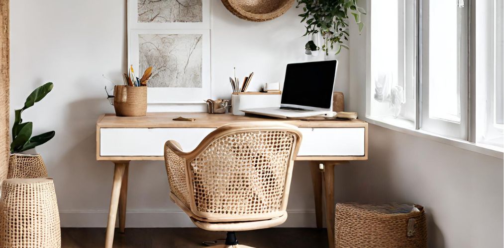 White and wood home office with rattan chair - Beautiful Homes