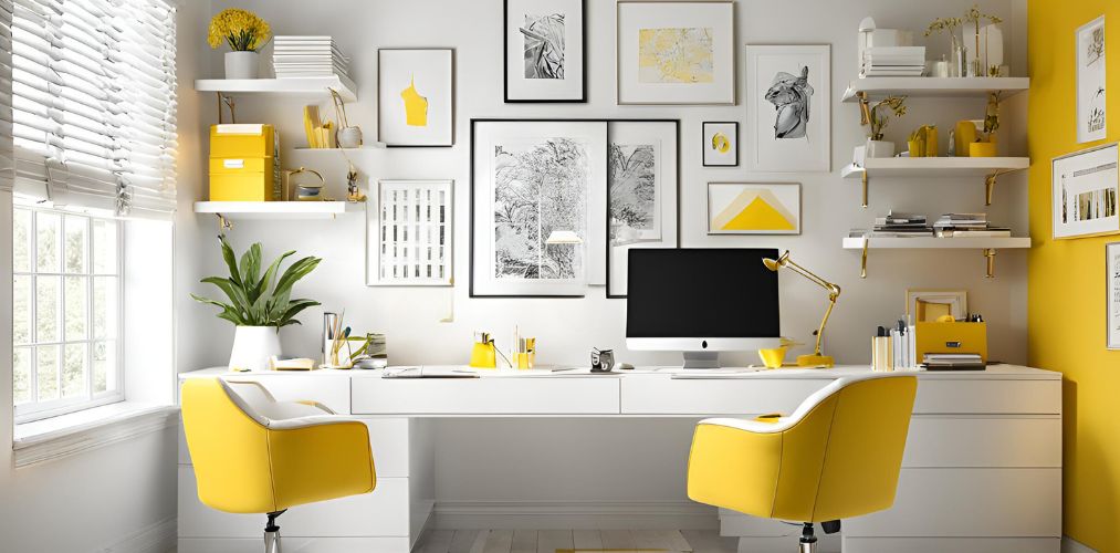 White and yellow theme modern home office - Beautiful Homes