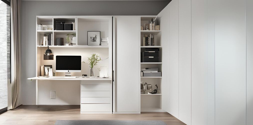 White home office with integrated wardrobe and shelves - Beautiful Homes