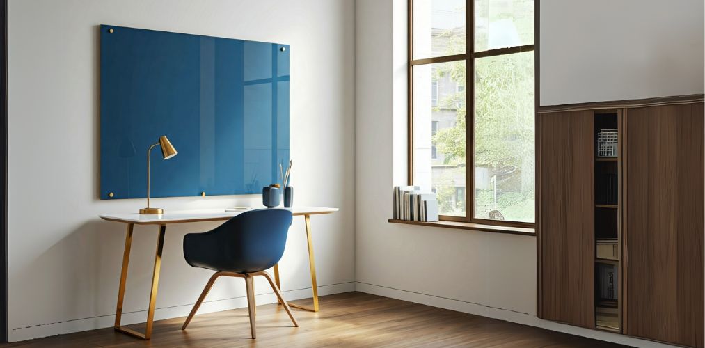 Modern study setup with blue panel and sunlight - Beautiful Homes