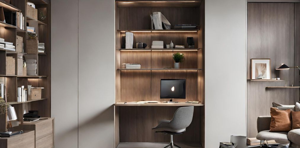 Wooden home office design with integrated wardrobe - Beautiful Homes