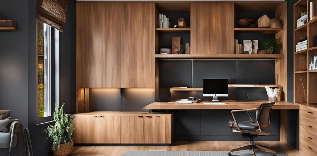 Wooden home office design with wall mounted cabinets - Beautiful Homes