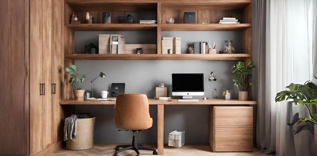 Wooden home office setup with open and closed cabinets - Beautiful Homes