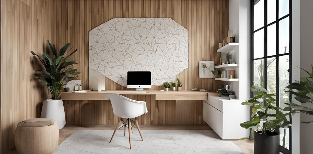 Wooden home office with geometrical wall panel - Beautiful Homes