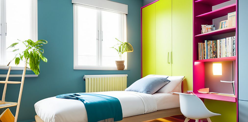 Children's room with single bed and colorful wardrobe-Beautiful Homes