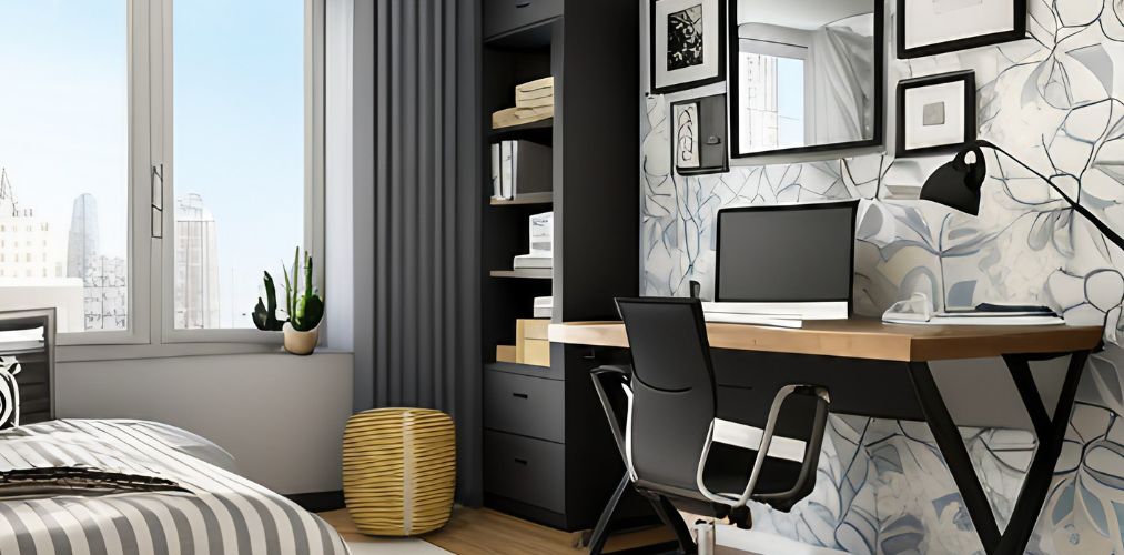 Grey teenage bedroom design with wallpaper and study table-Beautiful Homes