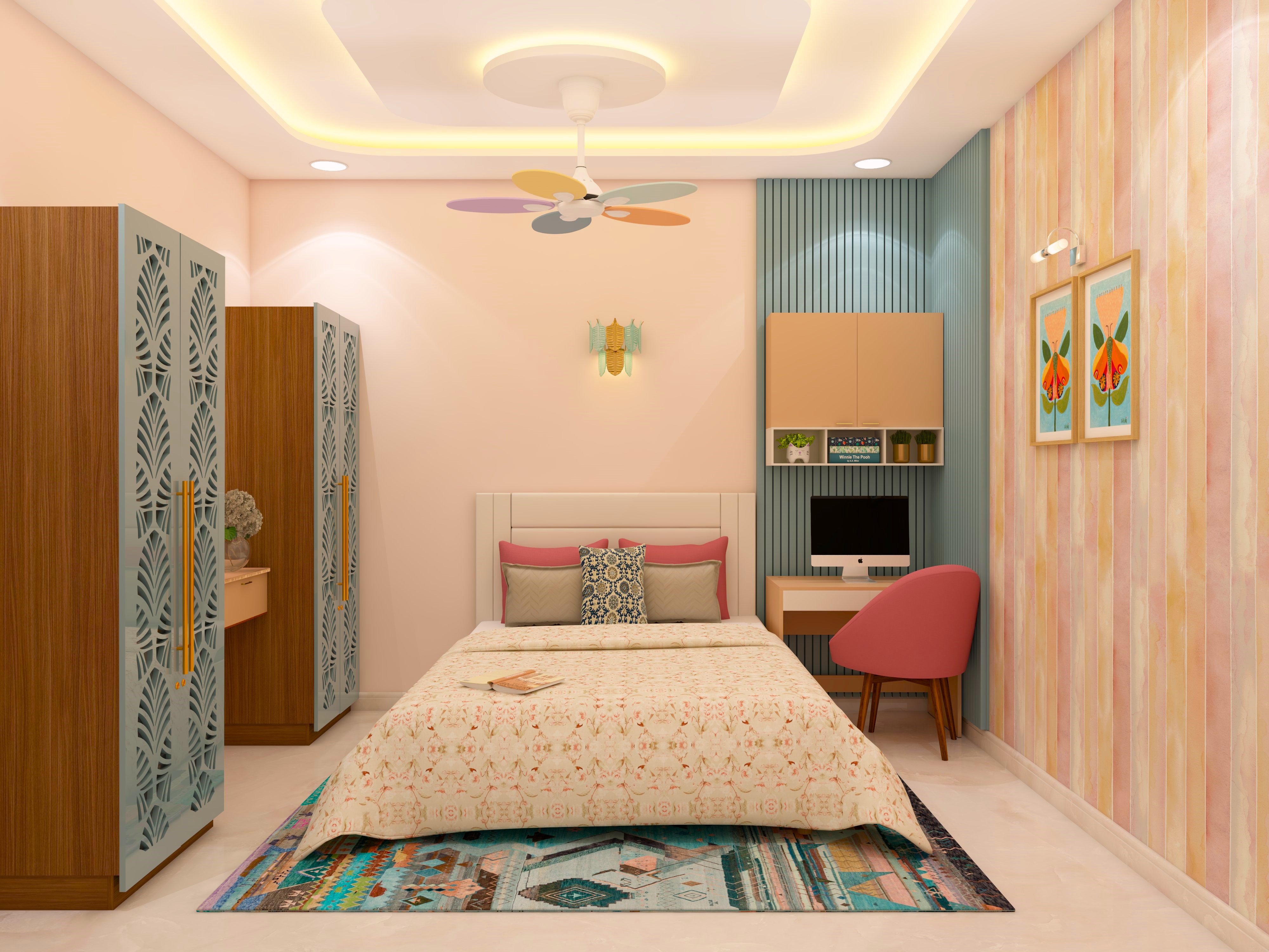 Kid's bedroom with study table and wardrobe shutters with intricate design-Beautiful Homes