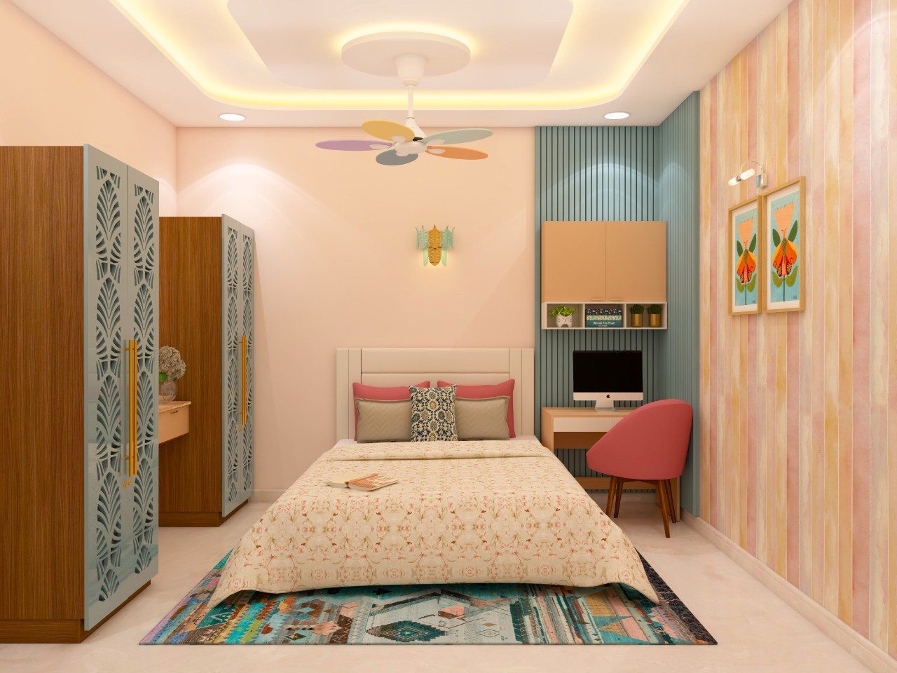 Kid's bedroom with study table and wardrobe shutters with intricate design-Beautiful Homes