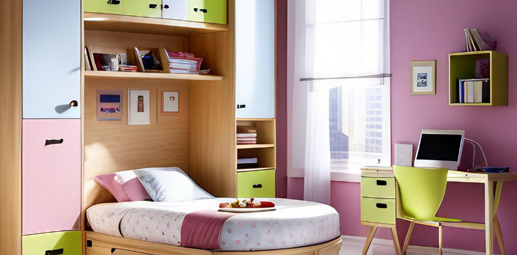 Pink bedroom with kid's bed and study table-Beautiful Homes