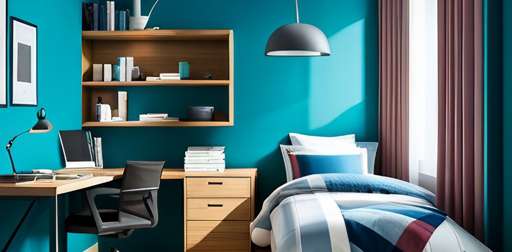 Teenage bedroom design with blue walls and wooden furniture-Beautiful Homes