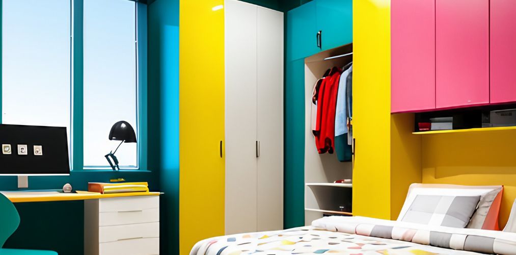 Teenage bedroom design with colorful wardrobes-Beautiful Homes