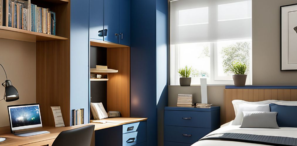 Teenage bedroom design with blue wardrobes-Beautiful Homes