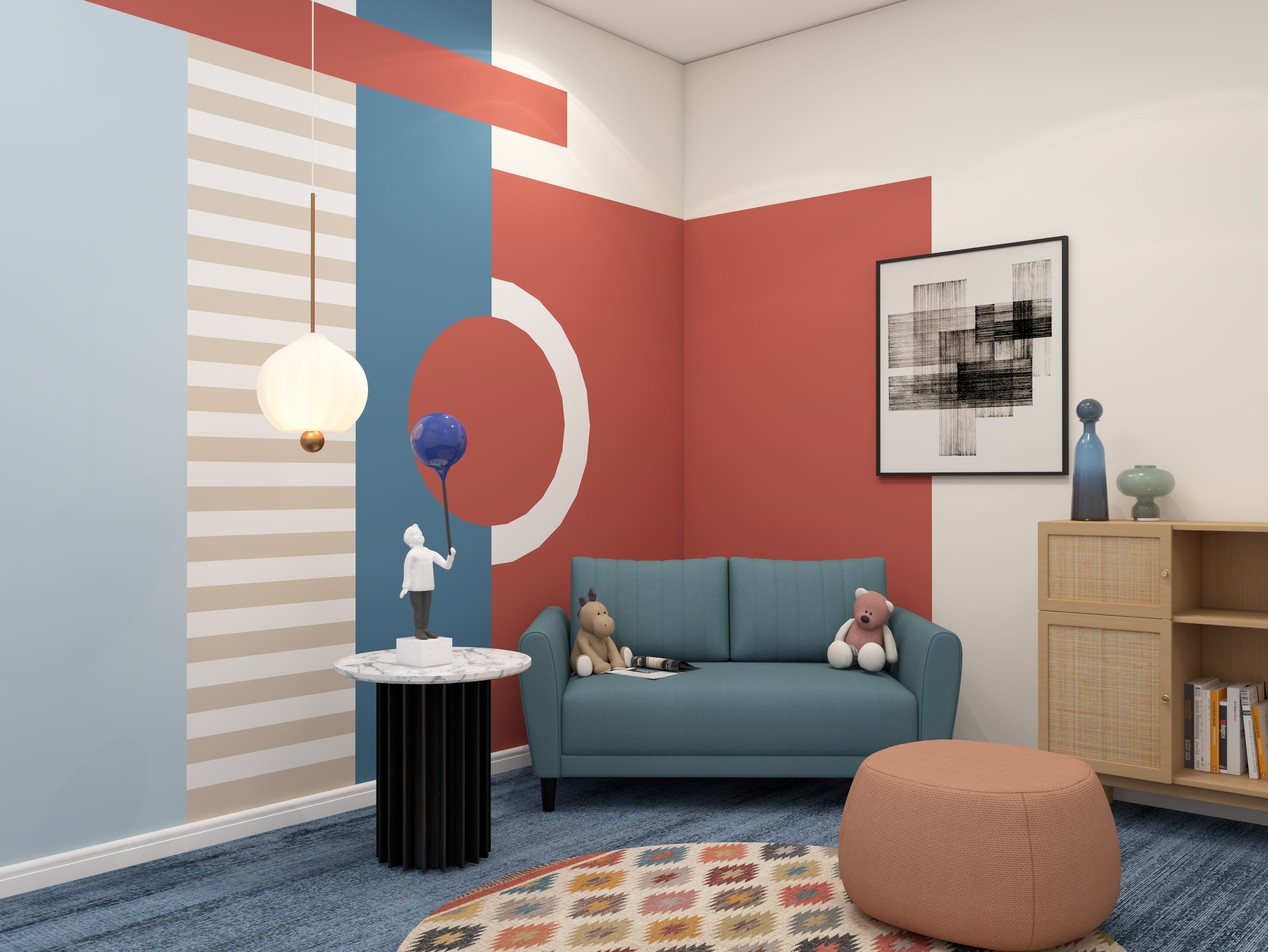 Vibrant corner with blue sofa for kids bedroom - Beautiful Homes