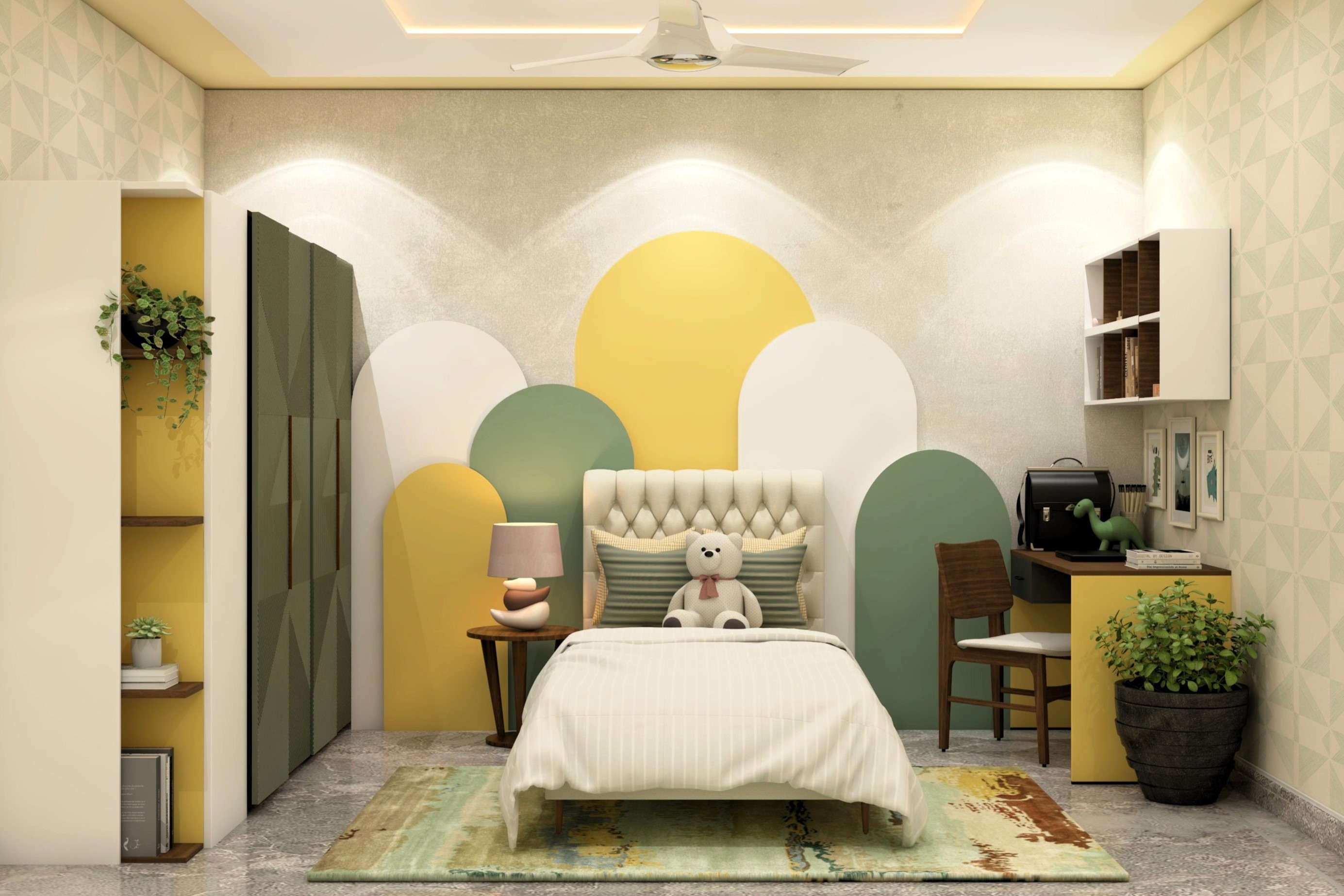 Yellow and green kid's bedroom with multiple arched wall paneling-Beautiful Homes