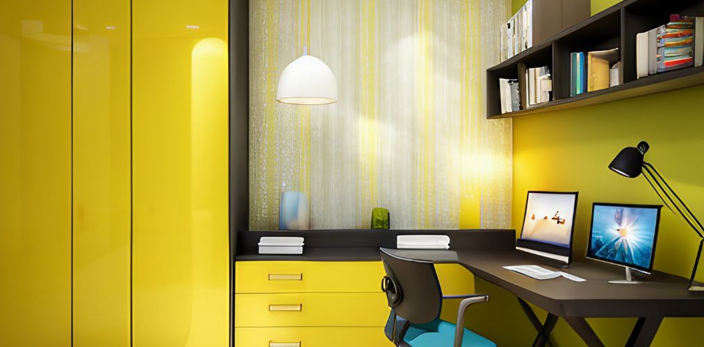 Yellow children bedroom with study table and wallpaper-Beautiful Homes