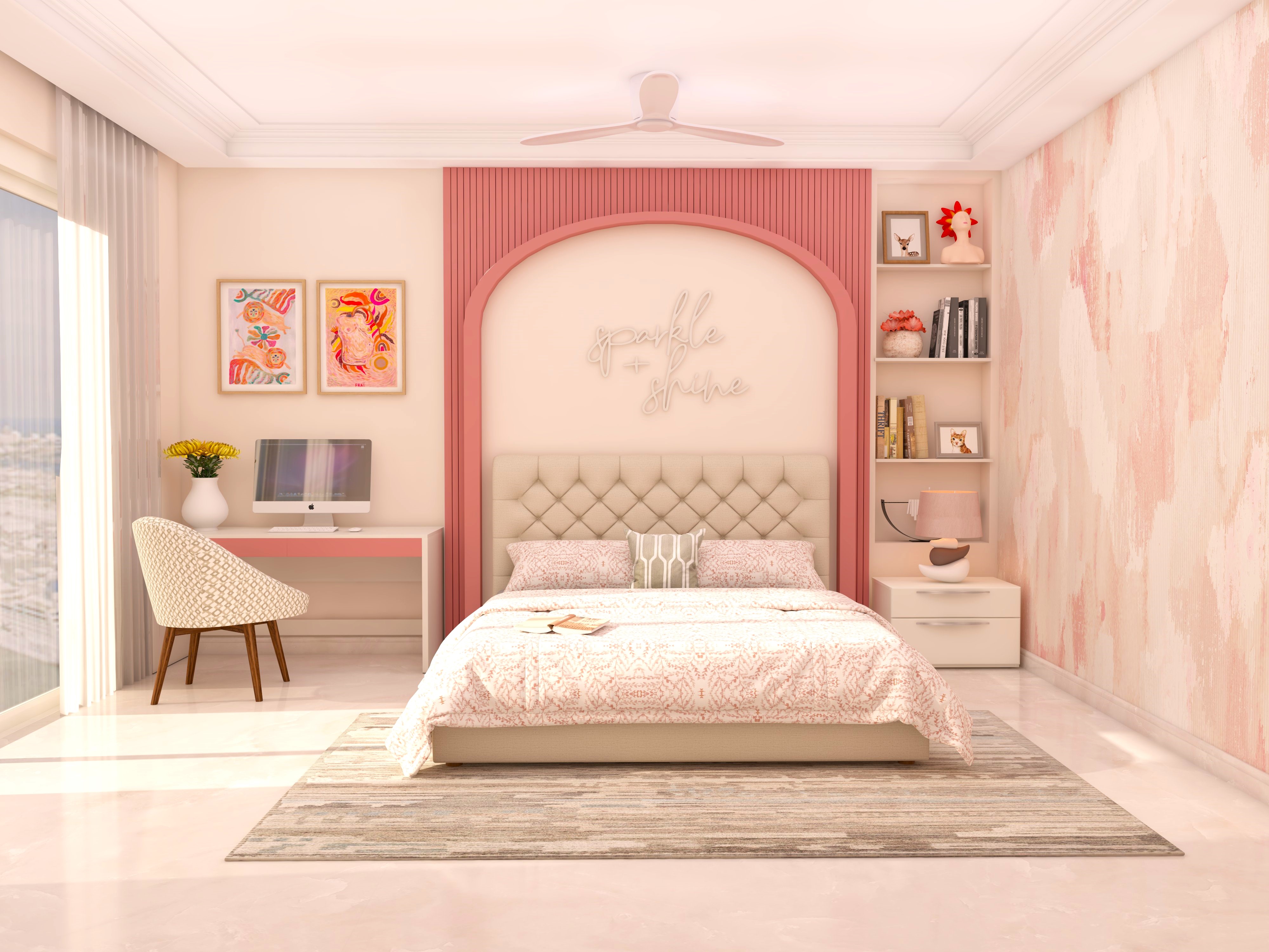 Cream bedroom design with pink arched fluted paneling and study table-Beautiful Homes