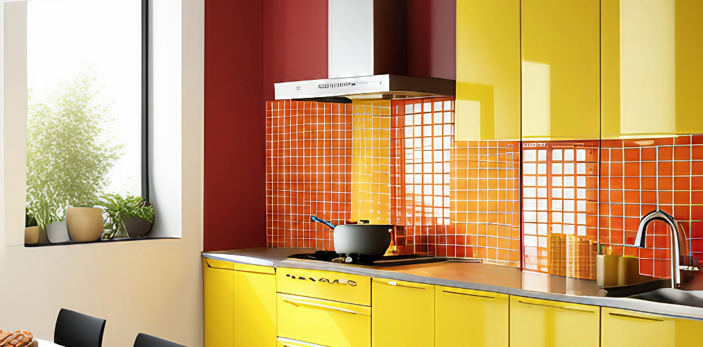 Orange highlighter tiles for kitchen with yellow cabinets-Beautiful Homes