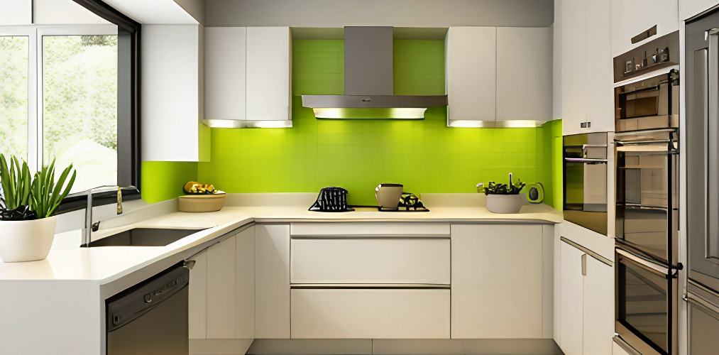 Green highlighter tiles for L shaped kitchen-Beautiful Homes