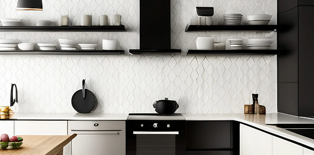 Patterned tiles for white and black kitchen-Beautiful Homes