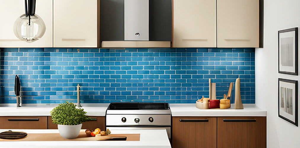 Simple kitchen wall tiles design with blue subway tiles-Beautiful Homes