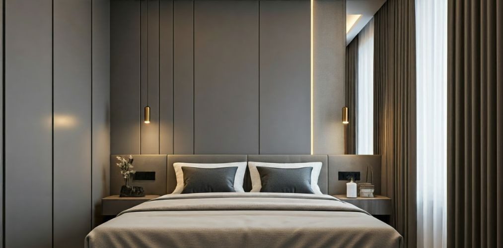 Grey bedroom with pendant lighting - Beautiful Homes