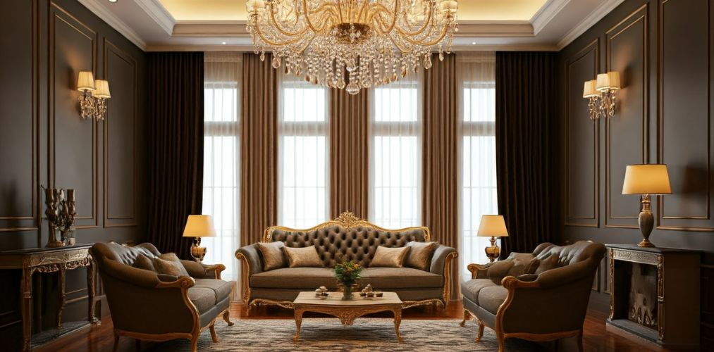 Indian living room with chandelier and wall sconces - Beautiful Homes