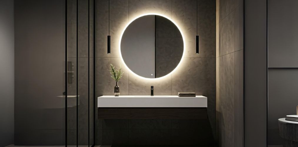 Round LED mirror for a grey textured bathroom - Beautiful Homes
