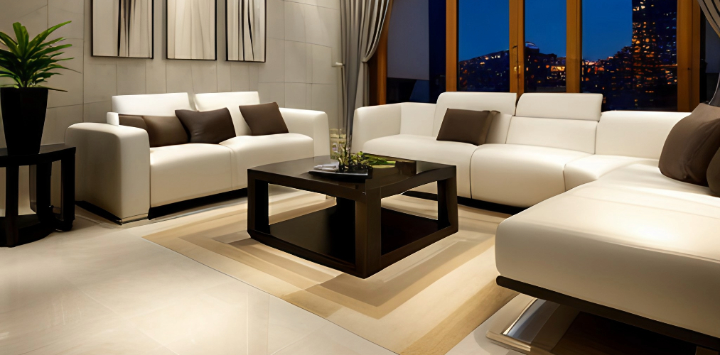 Cream vitrified tiles for living room with carpet-Beautiful Homes