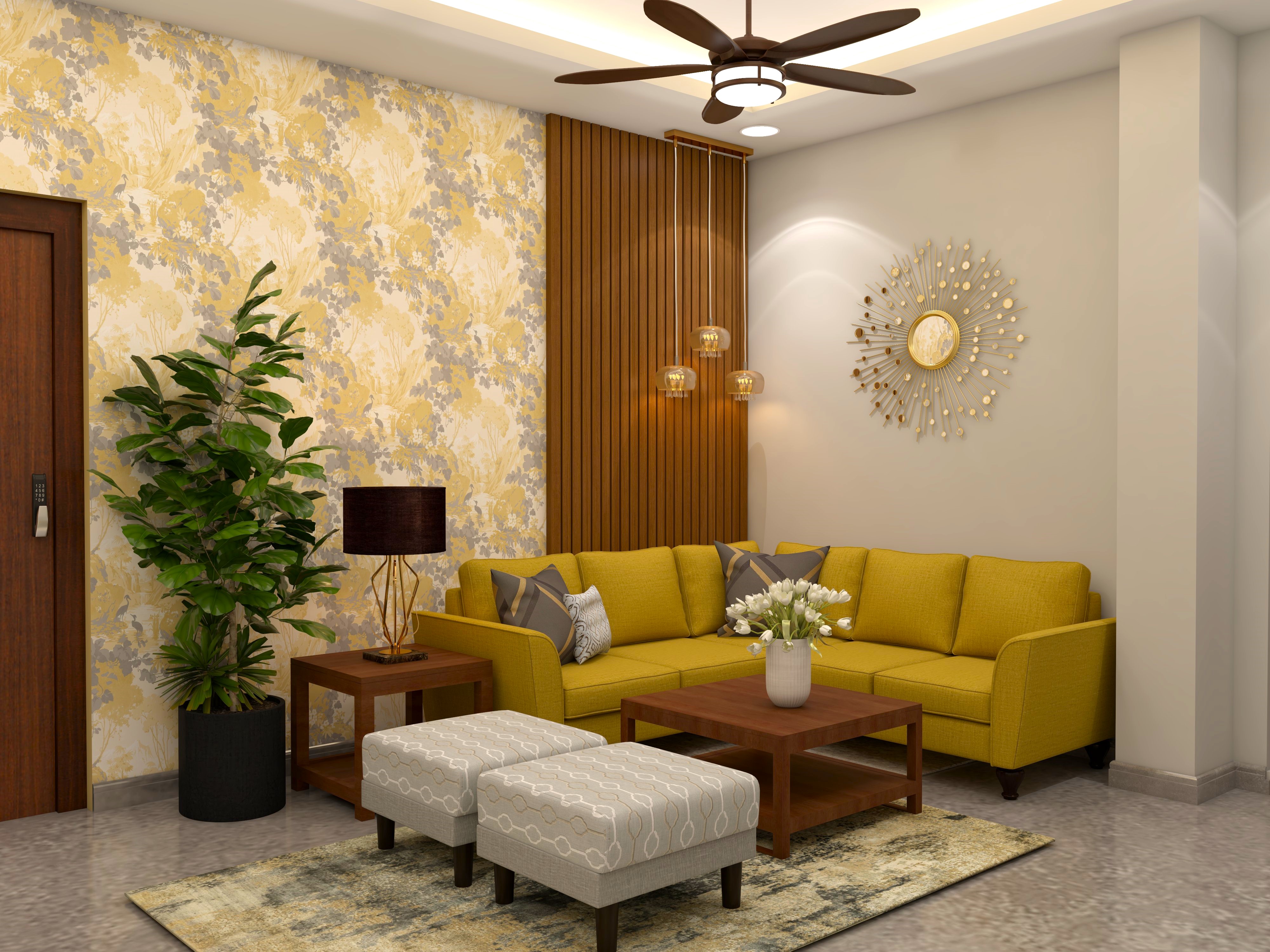 Living room with L shape sofa and floral wallpaper-Beautiful Homes