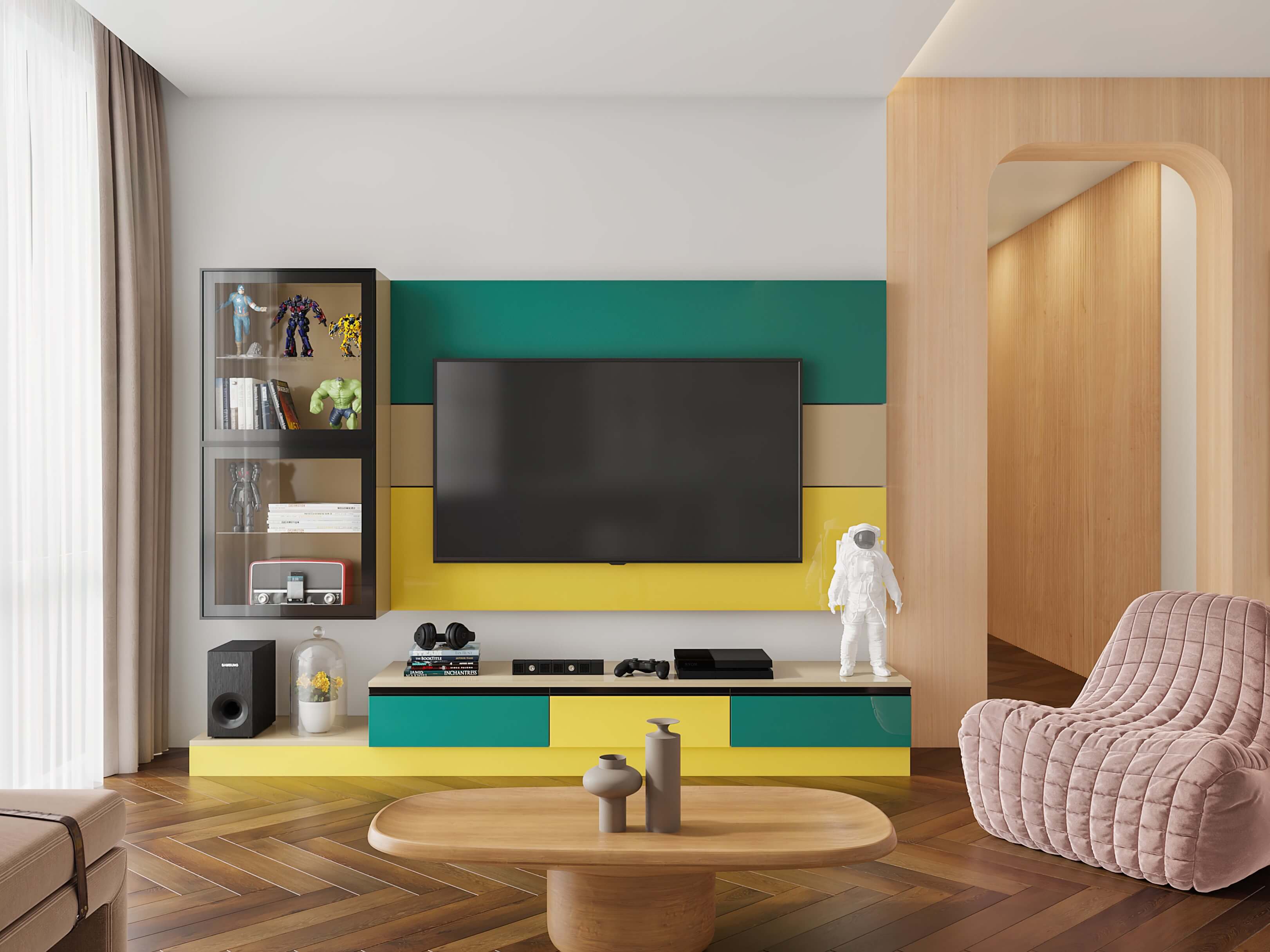 Bright modern living room design with pop of colours for your home - Beautiful Homes
