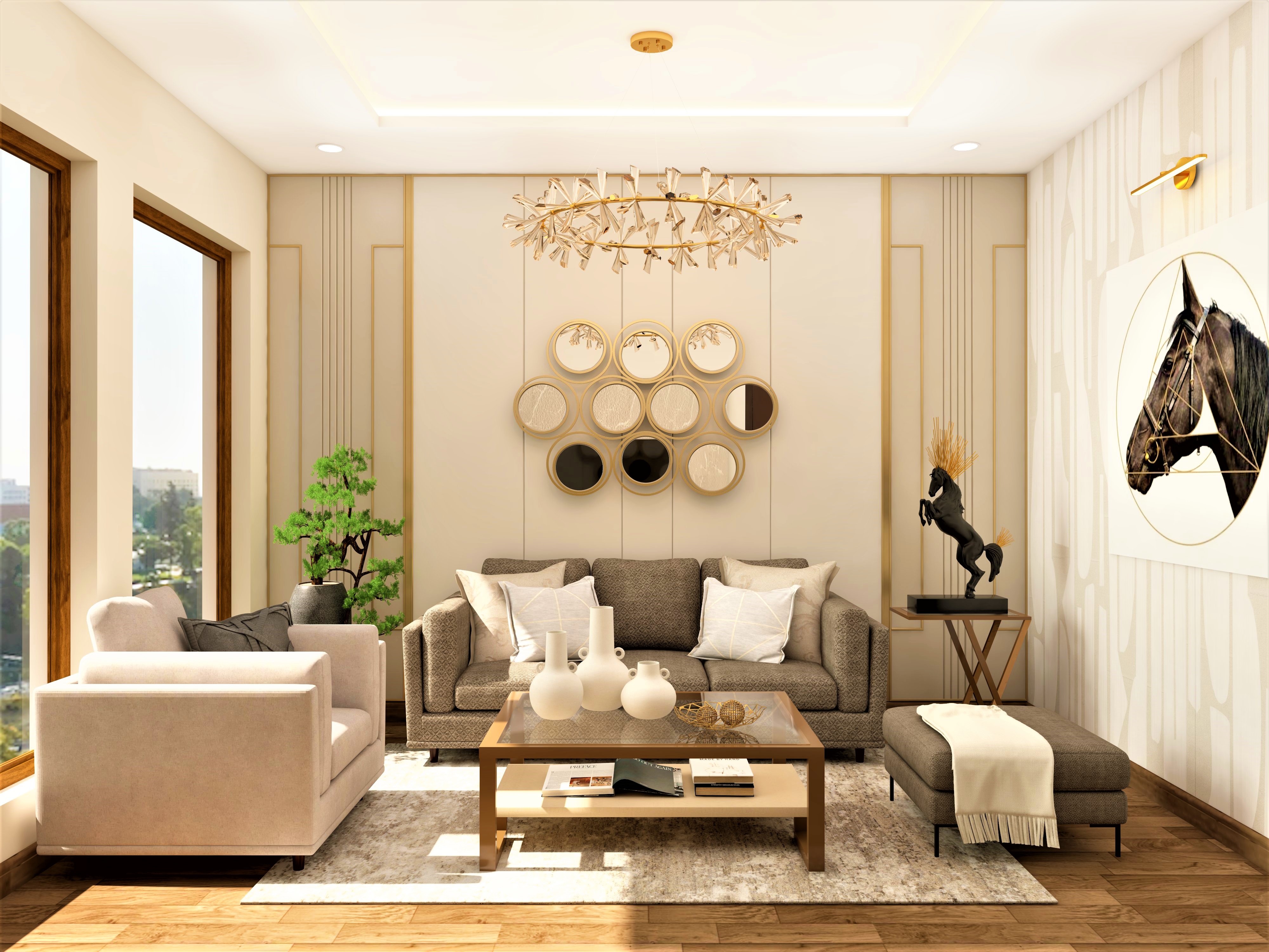 Beige living room with sofas and ottoman-Beautiful Homes