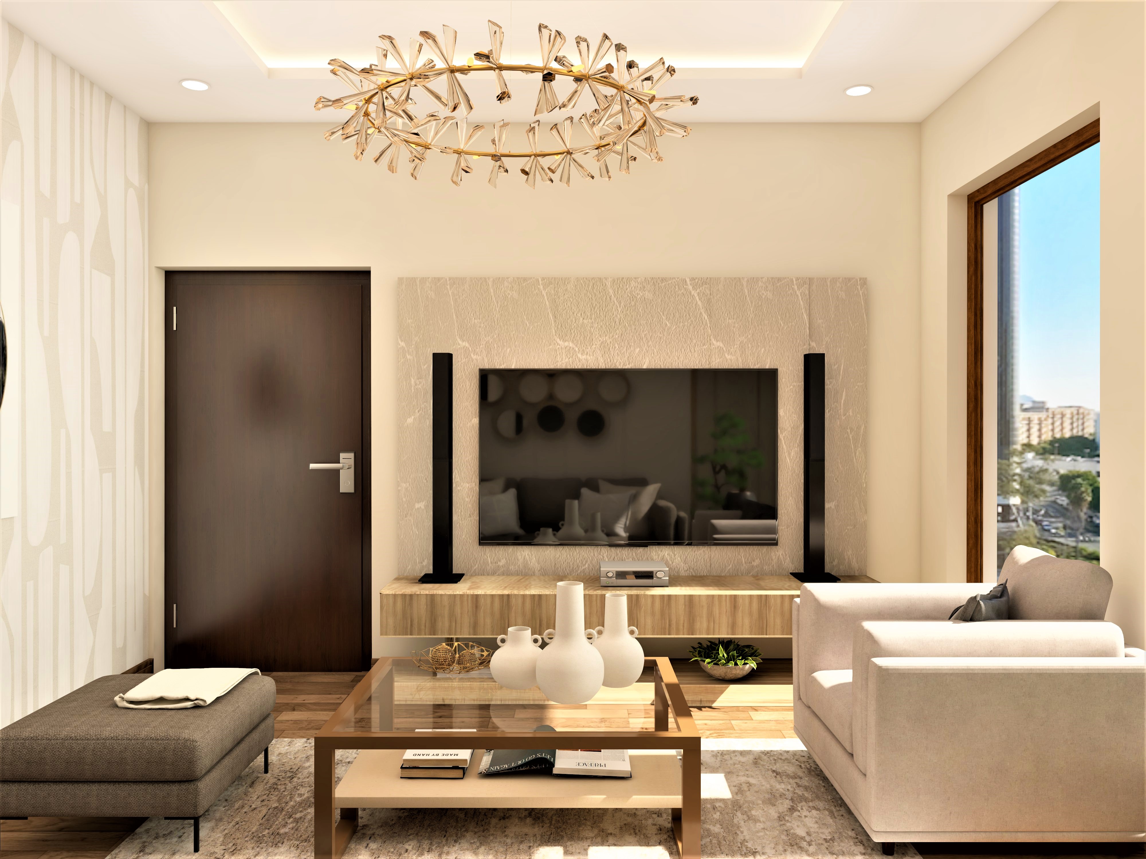 Beige living room with TV unit-Beautiful Homes