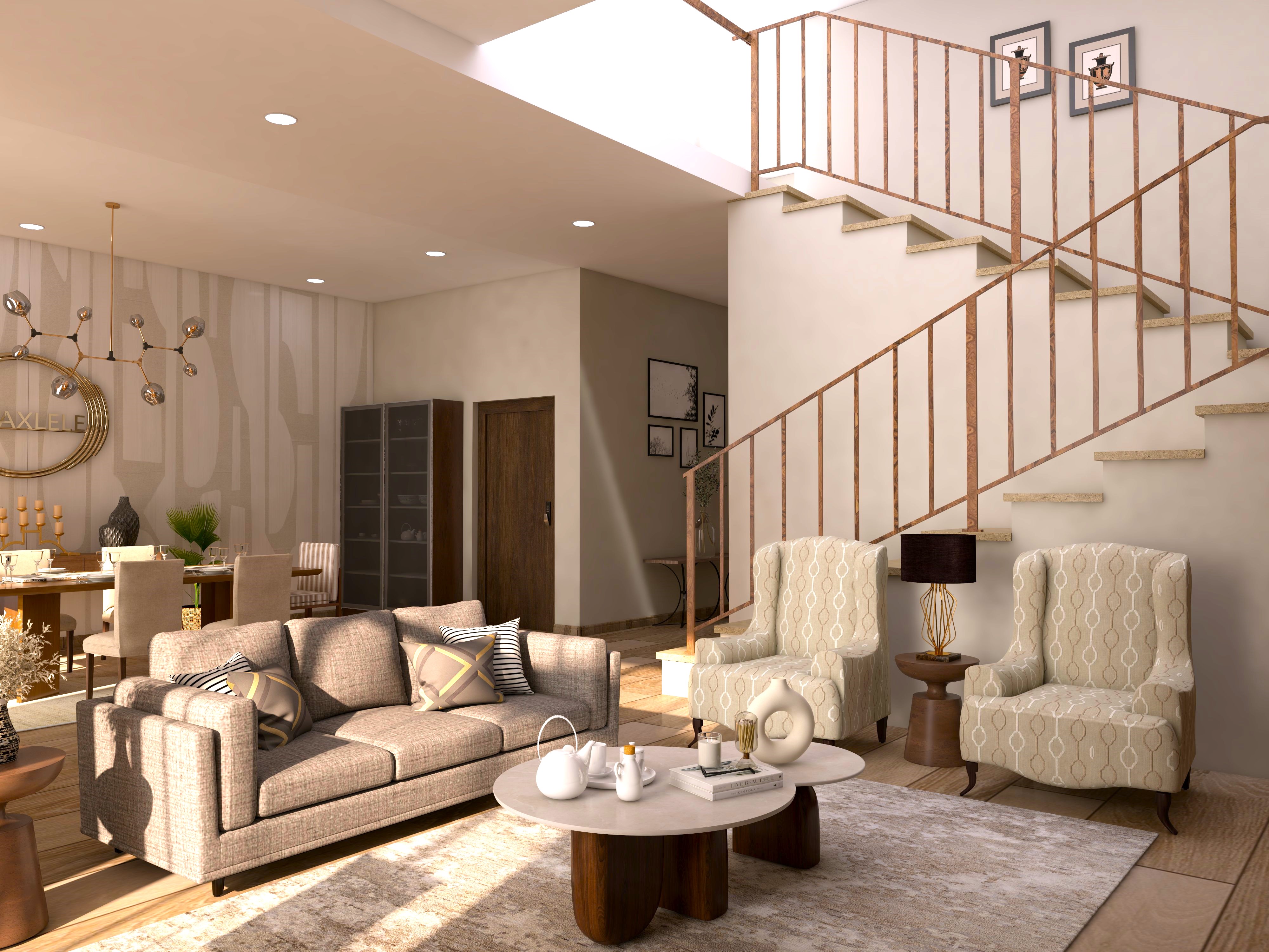 Neutral living room with sofas and accent chairs-Beautiful Homes