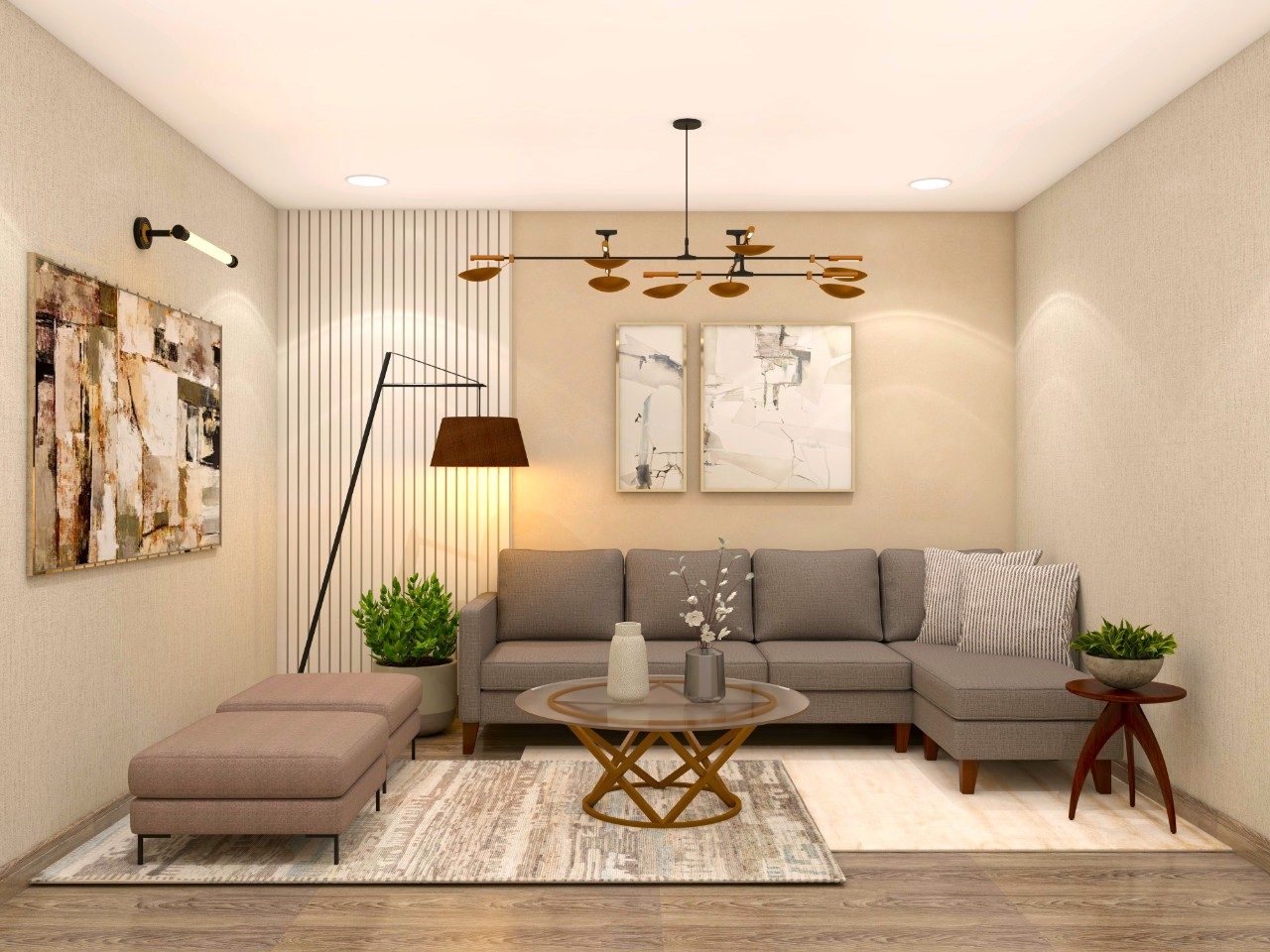 Living room with grey L-shaped sofa and pouffes-Beautiful Homes