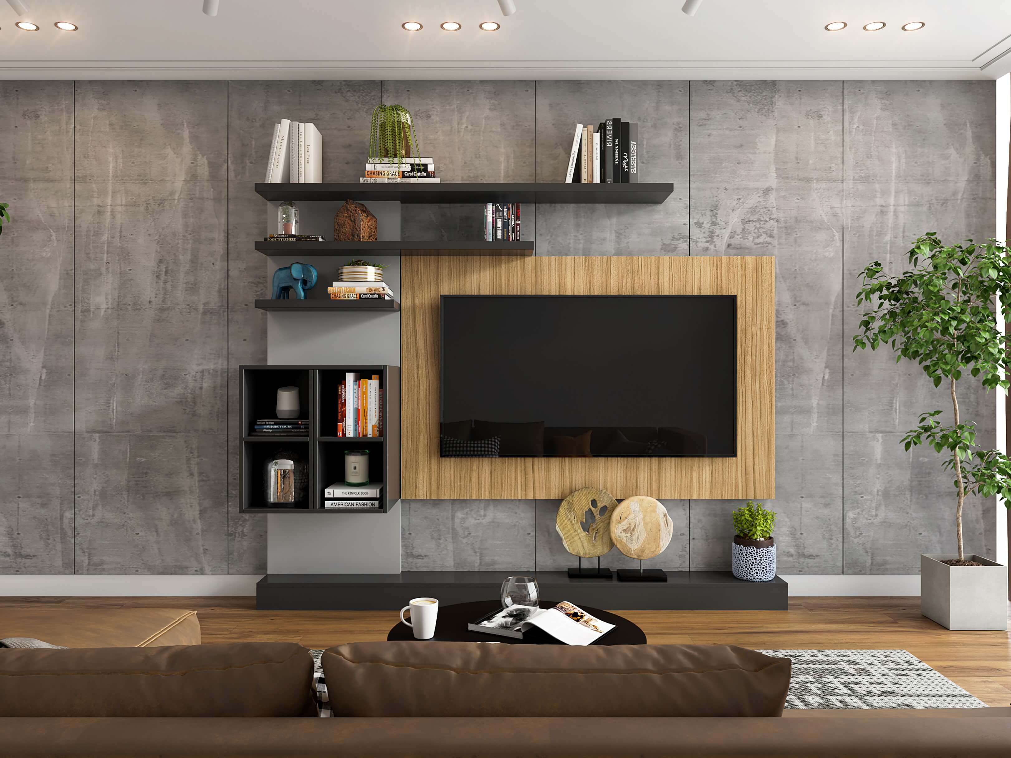 Grey living room with wall mounted tv unit design with minimal look - Beautiful Homes