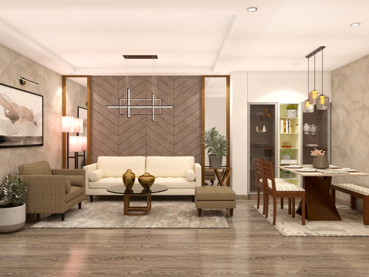 Living room with wooden dining table and glass crockery unit-Beautiful Homes