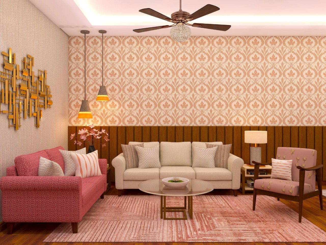 Beige living room with sofa and wall paneling-Beautiful Homes