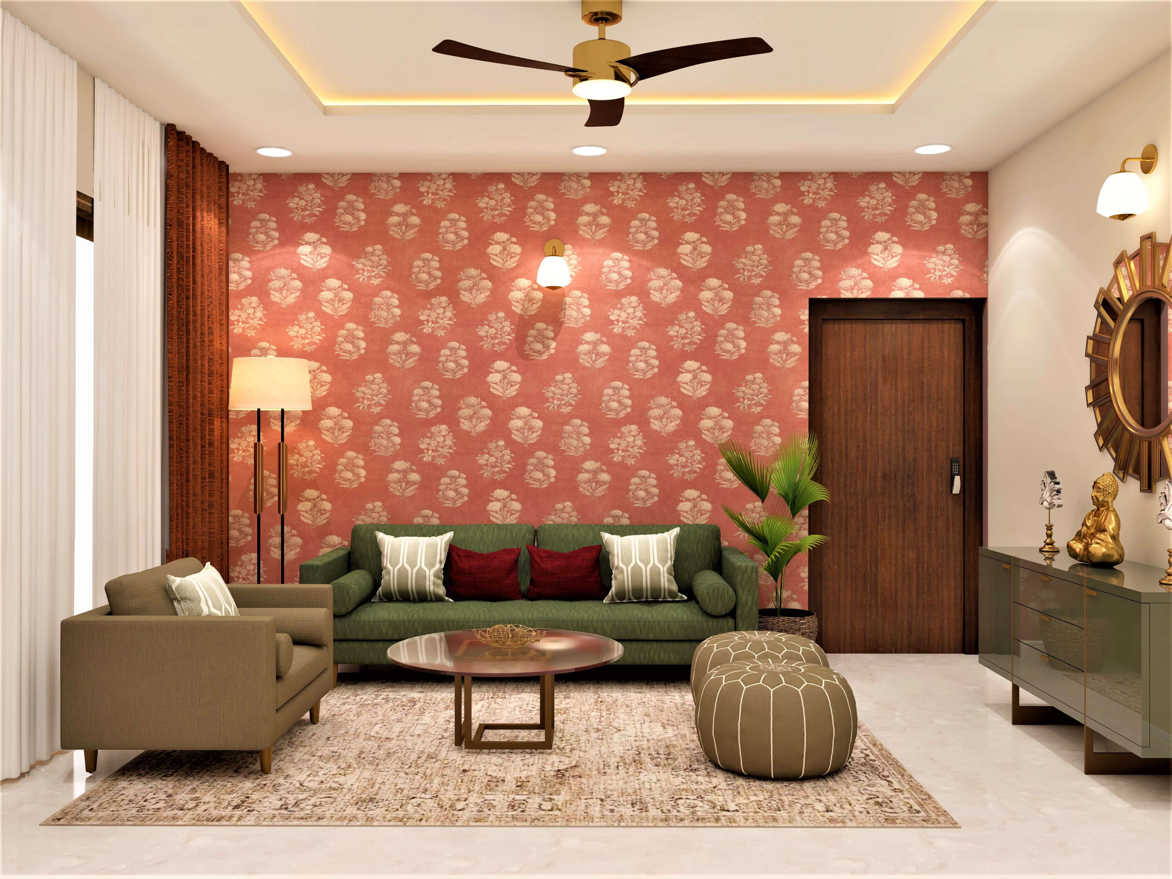 Modern living room with a vibrant patterned wallpaper - Beautiful Homes