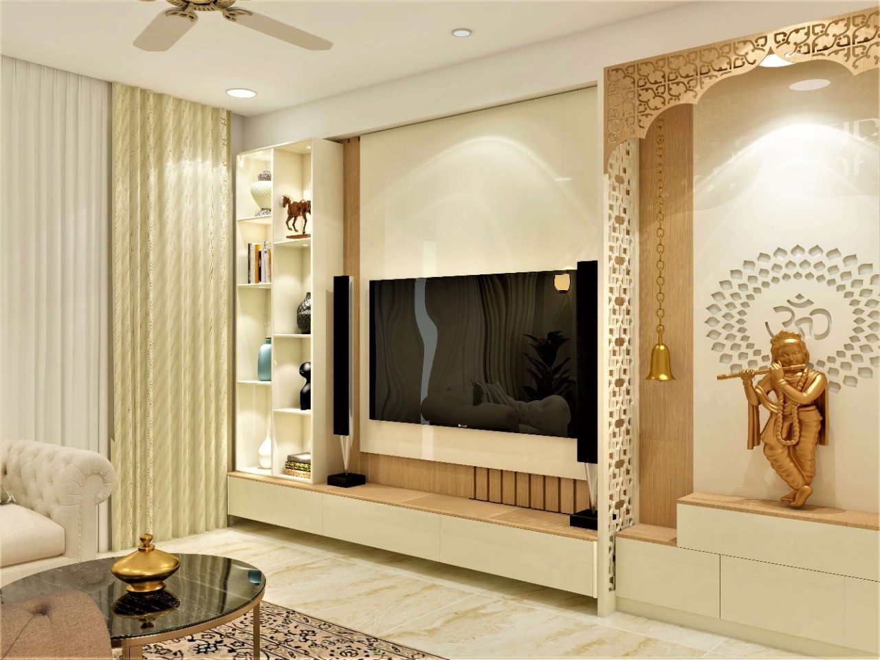 Monochrome living room design with a puja unit - Beautiful Homes