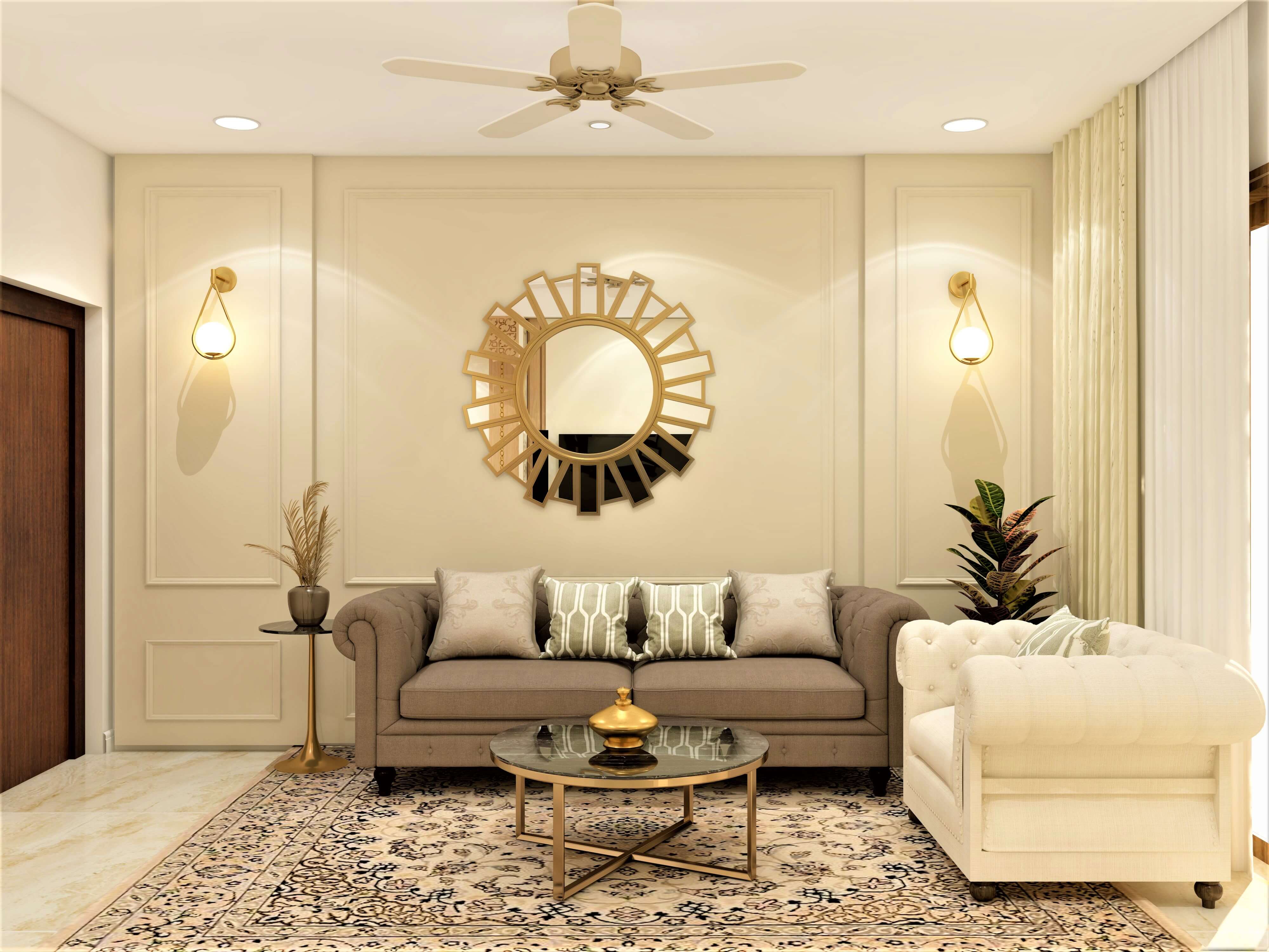 Monochrome living room with a puja unit design - Beautiful Homes