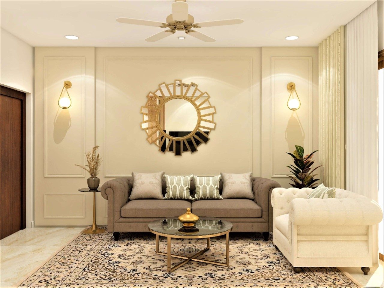 Monochrome living room with a puja unit design - Beautiful Homes