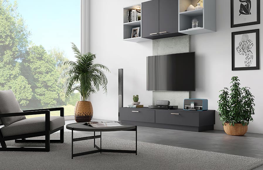 Sleek grey modular tv unit for contemporary living room - Beautiful Homes