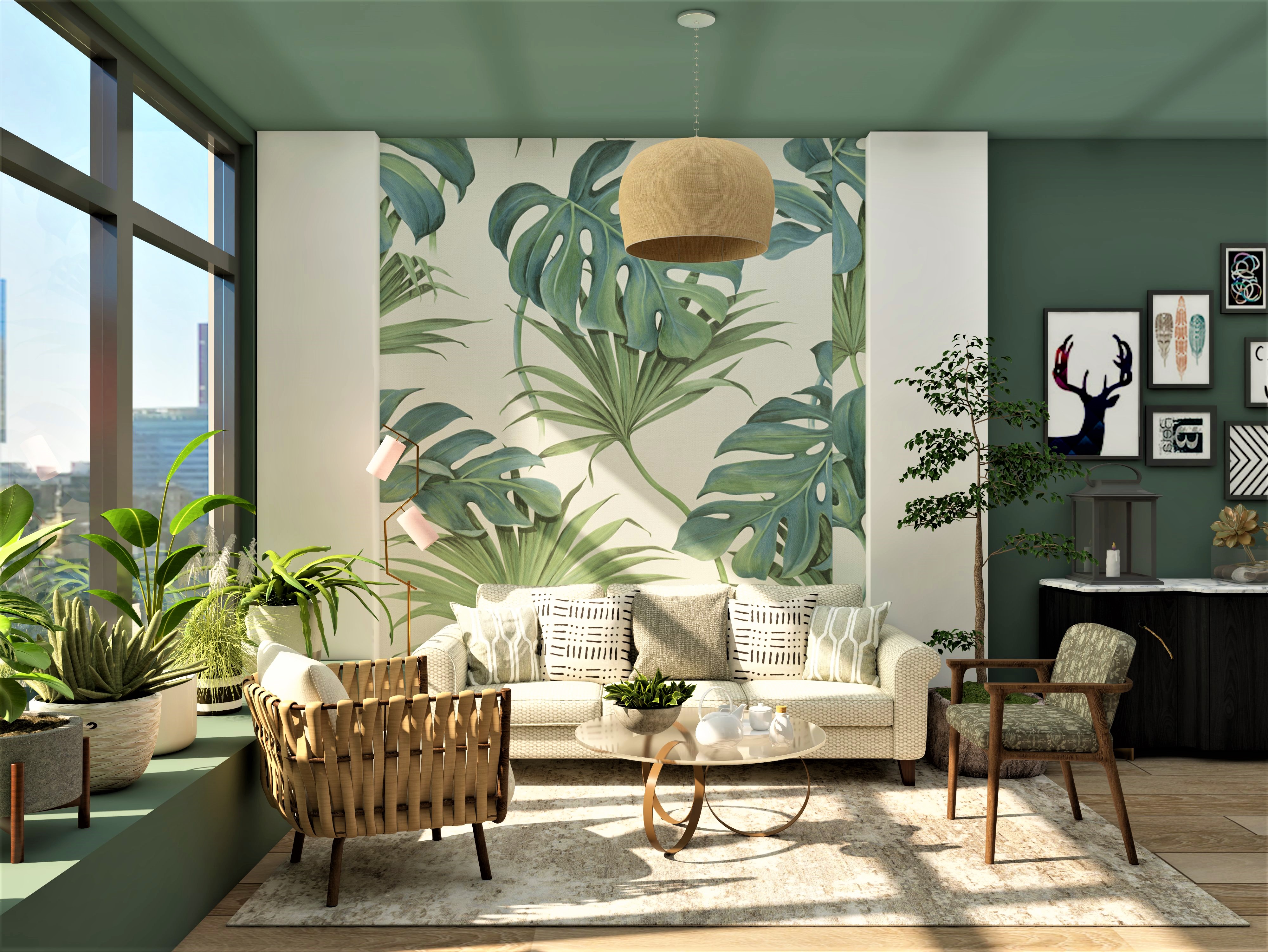 Tropical living room with wallpaper and accent chairs-Beautiful Homes