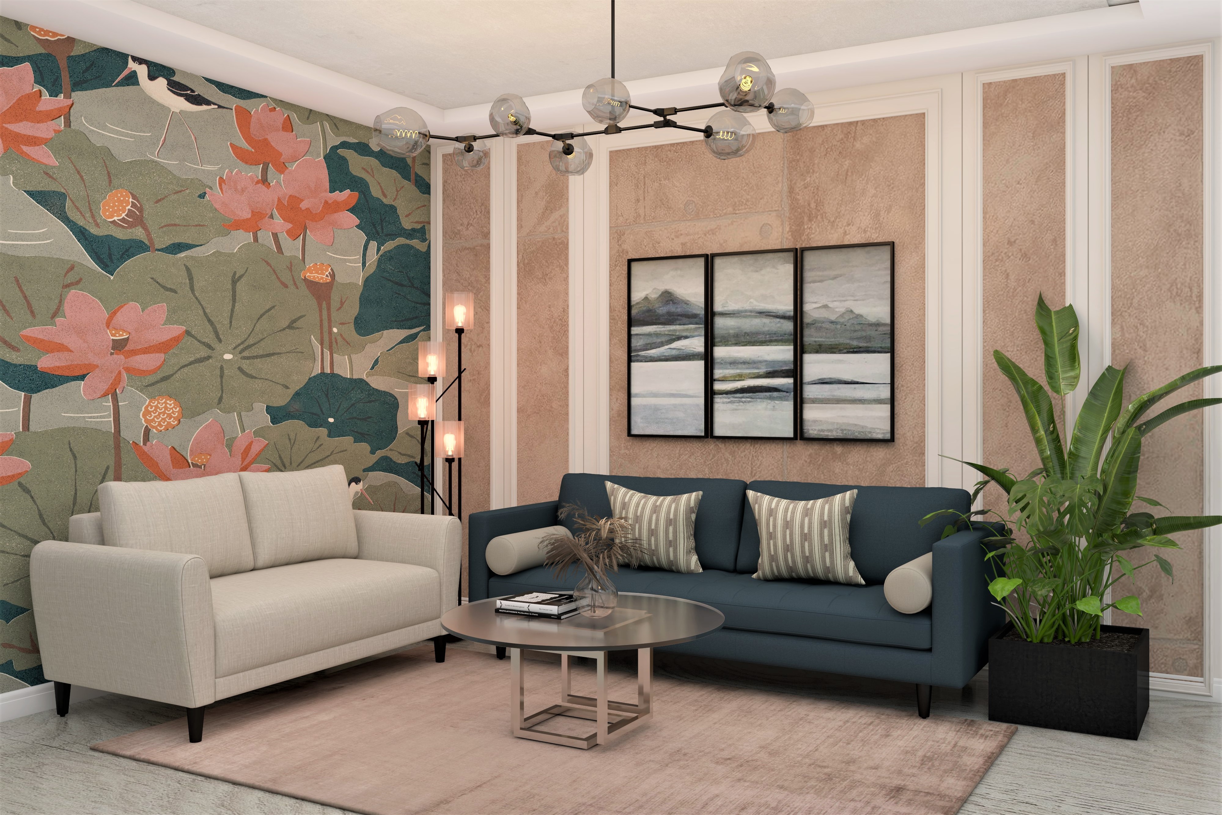Vibrant living room with designer sofa set and floral wallpaper-Beautiful Homes