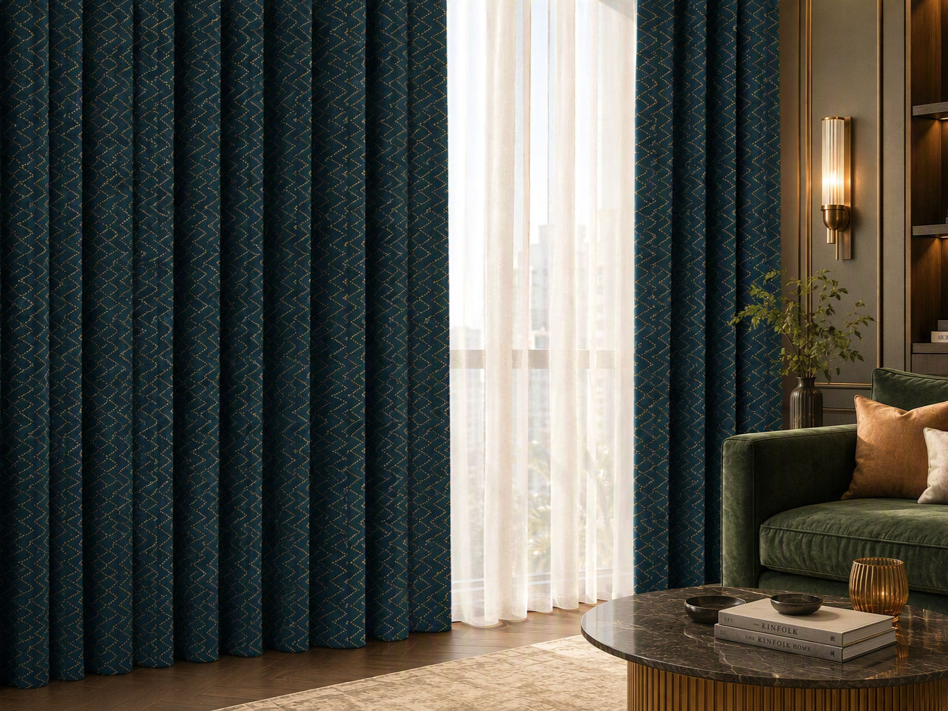 Deep teal floor-length curtains with a subtle gold geometric pattern, layered with soft white sheer panels - Beautiful Homes