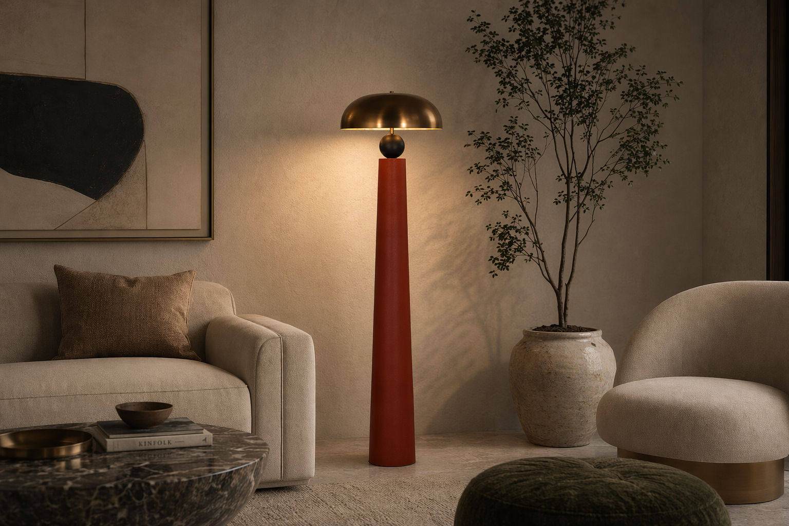 Contemporary floor lamp with a tall terracotta-red tapered base, dark spherical accent, and brushed brass dome shade - Beautiful Homes