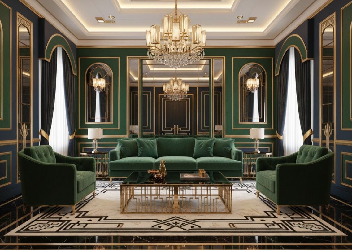 Elegant living room with green sofa and chandelier - Beautiful Homes