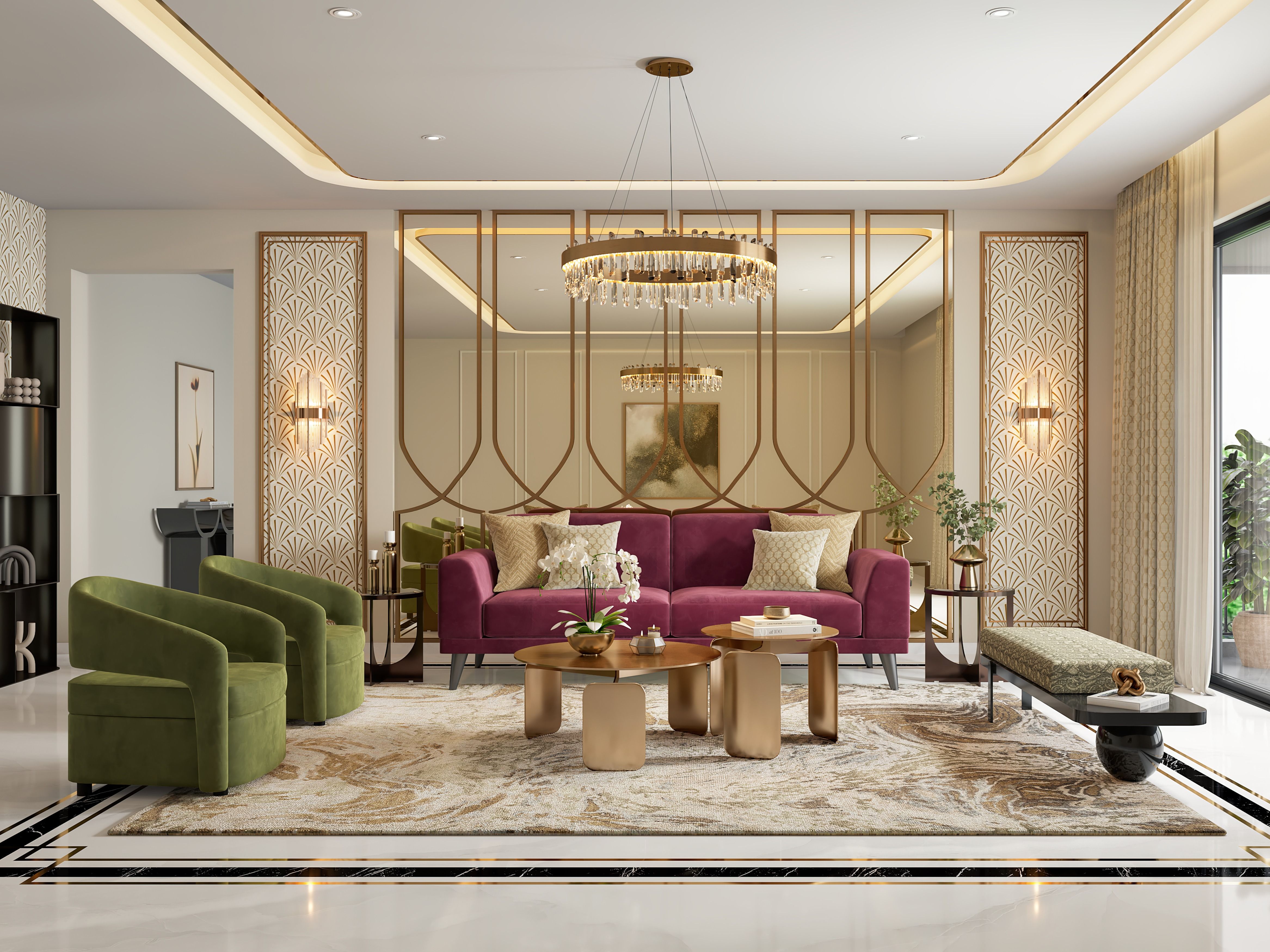 Art Deco living room featuring magenta and green velvet furniture, gold accents, and a grand chandelier - Beautiful Homes